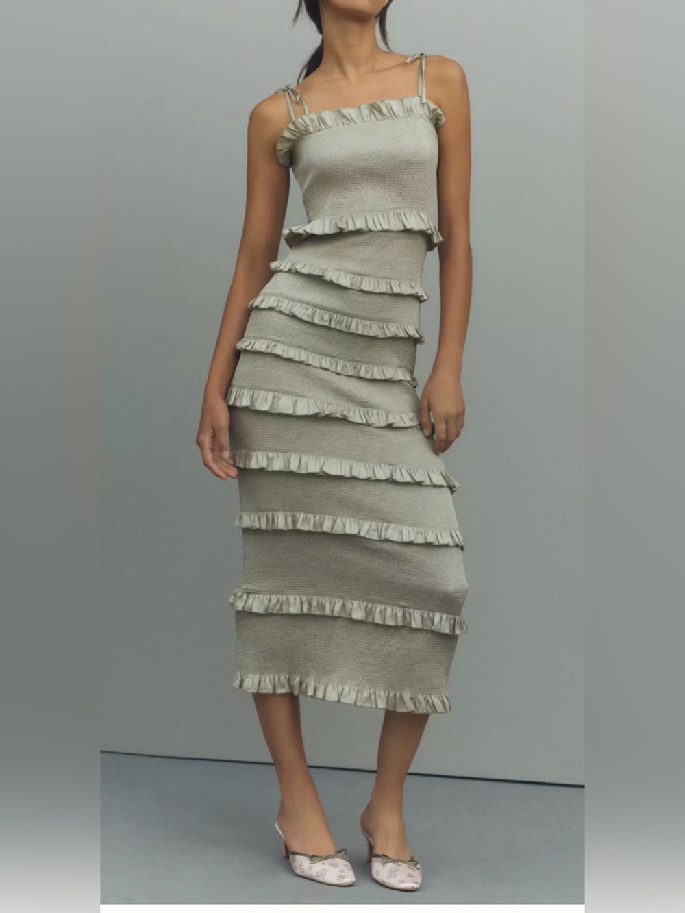 V. Chapman Lily Ruched & Ruffled Stretch Satin Sage Midi Dress